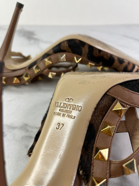 Valentino Brown Leopard Print Calfhair and Leather Rockstud Caged Sandals Size 37