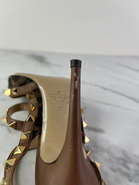 Valentino Brown Leopard Print Calfhair and Leather Rockstud Caged Sandals Size 37