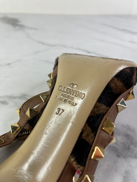 Valentino Brown Leopard Print Calfhair and Leather Rockstud Caged Sandals Size 37