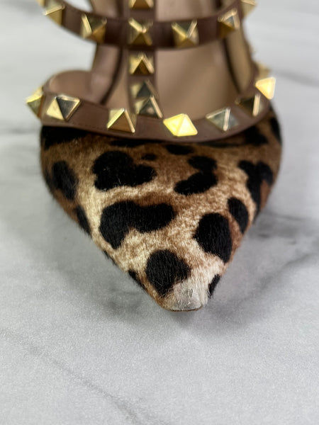 Valentino Brown Leopard Print Calfhair and Leather Rockstud Caged Sandals Size 37