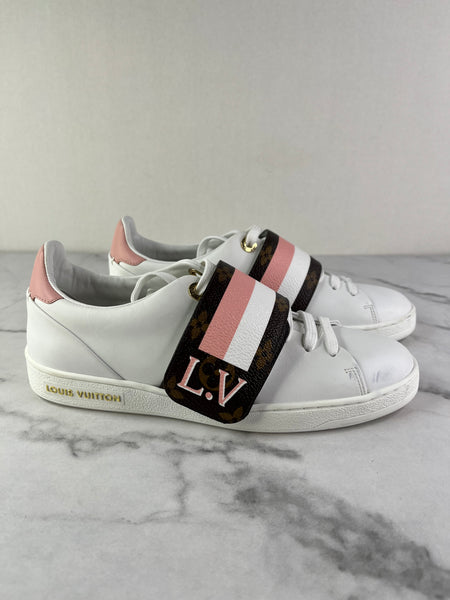 LOUIS VUITTON Women’s White Calfskin Monogram Striped Frontrow Sneakers Size 35.5 (fits US 6.5-7)