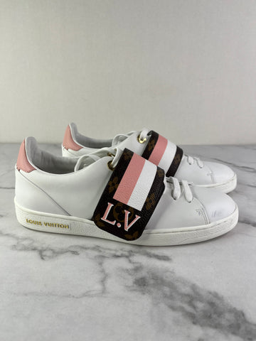 LOUIS VUITTON Women’s White Calfskin Monogram Striped Frontrow Sneakers Size 35.5 (fits US 6.5-7)