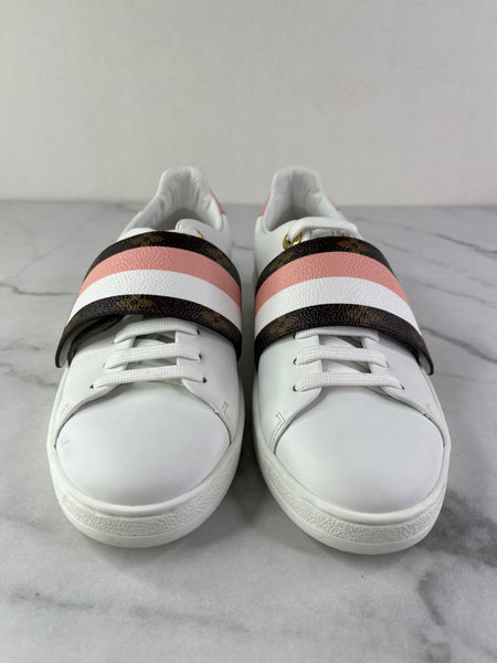LOUIS VUITTON Women’s White Calfskin Monogram Striped Frontrow Sneakers Size 35.5 (fits US 6.5-7)