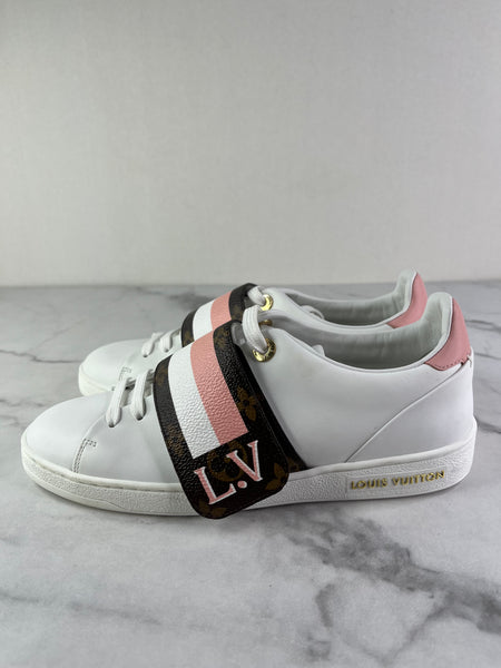 LOUIS VUITTON Women’s White Calfskin Monogram Striped Frontrow Sneakers Size 35.5 (fits US 6.5-7)