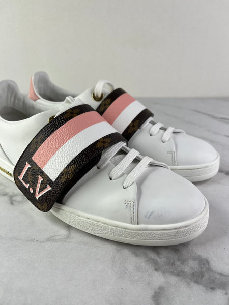 LOUIS VUITTON Women’s White Calfskin Monogram Striped Frontrow Sneakers Size 35.5 (fits US 6.5-7)