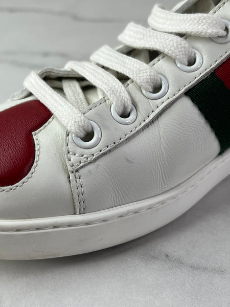 GUCCI Women’s White Calfskin Web Heart Embroidered Womens Ace Sneakers Size 35 (fits US 6)