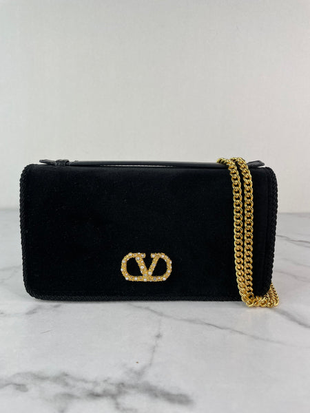 VALENTINO Black Velvet VLogo Signature Wallet Crystal Crossbody/Shoulder Bag