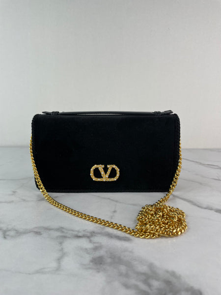 VALENTINO Black Velvet VLogo Signature Wallet Crystal Crossbody/Shoulder Bag