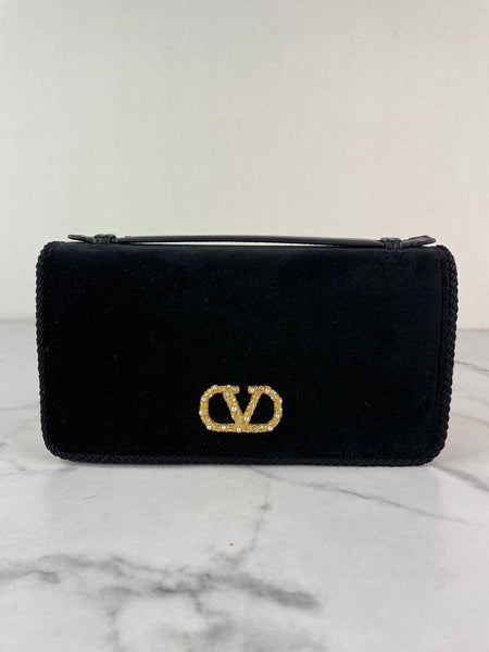 VALENTINO Black Velvet VLogo Signature Wallet Crystal Crossbody/Shoulder Bag