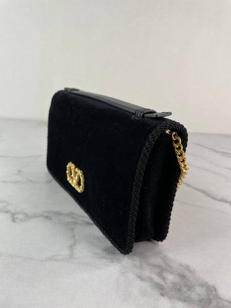 VALENTINO Black Velvet VLogo Signature Wallet Crystal Crossbody/Shoulder Bag
