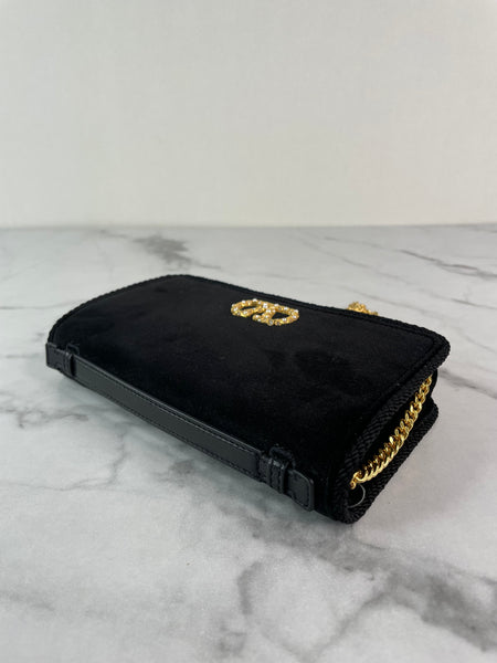 VALENTINO Black Velvet VLogo Signature Wallet Crystal Crossbody/Shoulder Bag