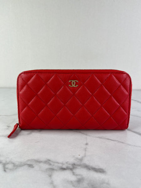 CHANEL Red Caviar Long Zipped Wallet