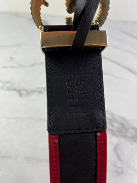 GUCCI Black/Romantic Cherry Red Azalea Calfskin Matelasse Diagonal Torchon Double G Belt Size 80/32