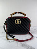 GUCCI Black/Romantic Cherry Red Calfskin Matelasse Diagonal Small Torchon GG Marmont Bamboo Top Handle Shoulder/Crossbody Bag