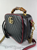 GUCCI Black/Romantic Cherry Red Calfskin Matelasse Diagonal Small Torchon GG Marmont Bamboo Top Handle Shoulder/Crossbody Bag
