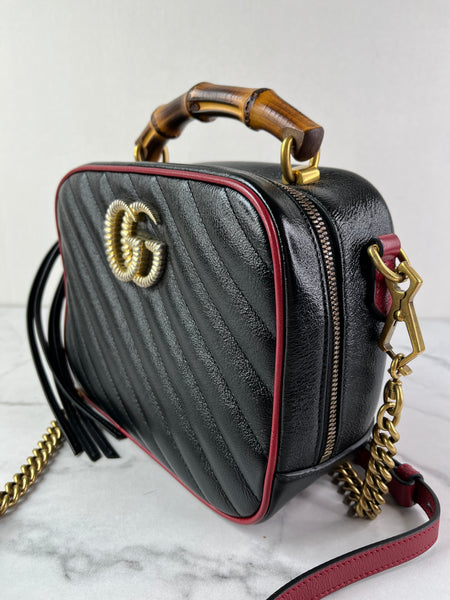 GUCCI Black/Romantic Cherry Red Calfskin Matelasse Diagonal Small Torchon GG Marmont Bamboo Top Handle Shoulder/Crossbody Bag