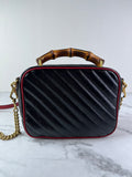GUCCI Black/Romantic Cherry Red Calfskin Matelasse Diagonal Small Torchon GG Marmont Bamboo Top Handle Shoulder/Crossbody Bag