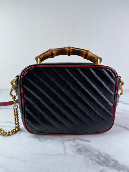 GUCCI Black/Romantic Cherry Red Calfskin Matelasse Diagonal Small Torchon GG Marmont Bamboo Top Handle Shoulder/Crossbody Bag