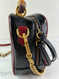 GUCCI Black/Romantic Cherry Red Calfskin Matelasse Diagonal Small Torchon GG Marmont Bamboo Top Handle Shoulder/Crossbody Bag