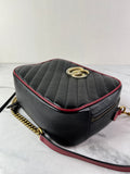 GUCCI Black/Romantic Cherry Red Calfskin Matelasse Diagonal Small Torchon GG Marmont Bamboo Top Handle Shoulder/Crossbody Bag
