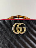 GUCCI Black/Romantic Cherry Red Calfskin Matelasse Diagonal Small Torchon GG Marmont Bamboo Top Handle Shoulder/Crossbody Bag