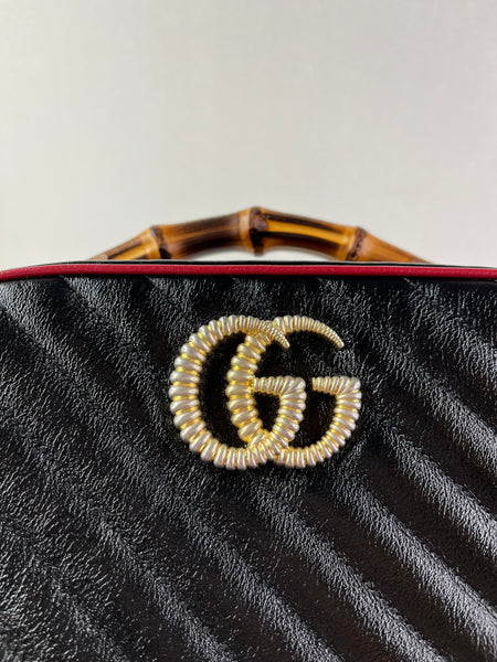 GUCCI Black/Romantic Cherry Red Calfskin Matelasse Diagonal Small Torchon GG Marmont Bamboo Top Handle Shoulder/Crossbody Bag