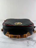 GUCCI Black/Romantic Cherry Red Calfskin Matelasse Diagonal Small Torchon GG Marmont Bamboo Top Handle Shoulder/Crossbody Bag
