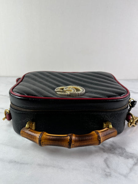 GUCCI Black/Romantic Cherry Red Calfskin Matelasse Diagonal Small Torchon GG Marmont Bamboo Top Handle Shoulder/Crossbody Bag