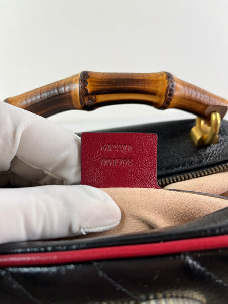 GUCCI Black/Romantic Cherry Red Calfskin Matelasse Diagonal Small Torchon GG Marmont Bamboo Top Handle Shoulder/Crossbody Bag