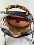GUCCI Black/Romantic Cherry Red Calfskin Matelasse Diagonal Small Torchon GG Marmont Bamboo Top Handle Shoulder/Crossbody Bag