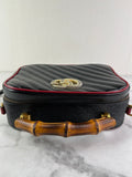 GUCCI Black/Romantic Cherry Red Calfskin Matelasse Diagonal Small Torchon GG Marmont Bamboo Top Handle Shoulder/Crossbody Bag