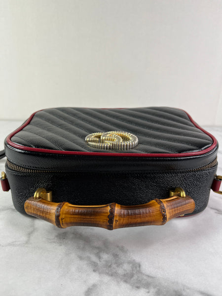 GUCCI Black/Romantic Cherry Red Calfskin Matelasse Diagonal Small Torchon GG Marmont Bamboo Top Handle Shoulder/Crossbody Bag