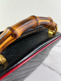 GUCCI Black/Romantic Cherry Red Calfskin Matelasse Diagonal Small Torchon GG Marmont Bamboo Top Handle Shoulder/Crossbody Bag