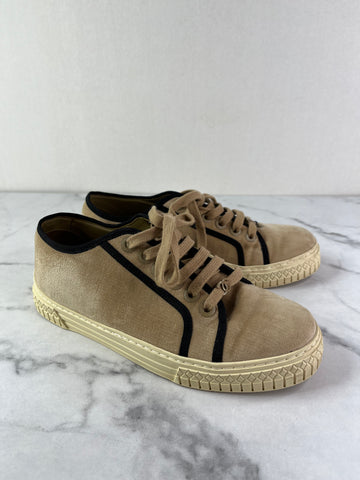CHANEL Tan/Black Velvet CC Low Top Sneakers Size 36