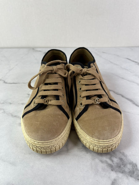 CHANEL Tan/Black Velvet CC Low Top Sneakers Size 36