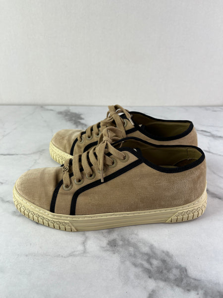 CHANEL Tan/Black Velvet CC Low Top Sneakers Size 36