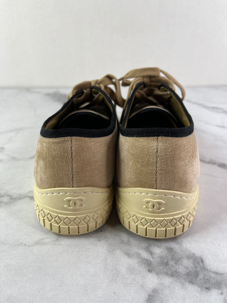 CHANEL Tan/Black Velvet CC Low Top Sneakers Size 36