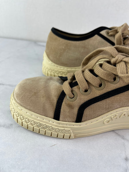 CHANEL Tan/Black Velvet CC Low Top Sneakers Size 36