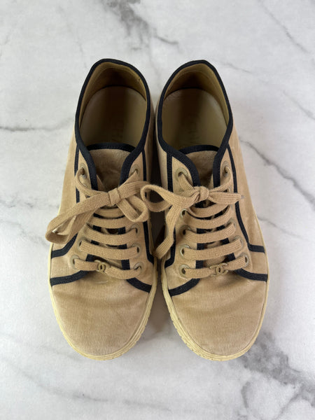 CHANEL Tan/Black Velvet CC Low Top Sneakers Size 36