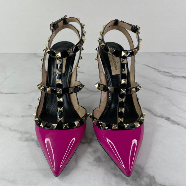 Valentino Fuchsia Pink/Black Patent Leather Rockstud Caged Pumps Size 39