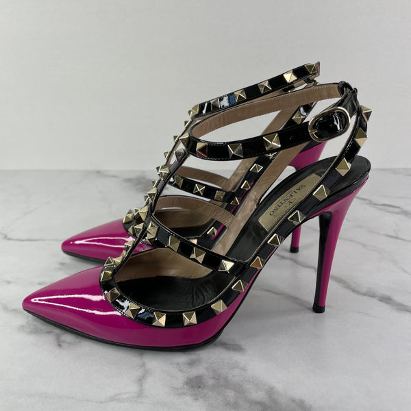 Valentino Fuchsia Pink/Black Patent Leather Rockstud Caged Pumps Size 39