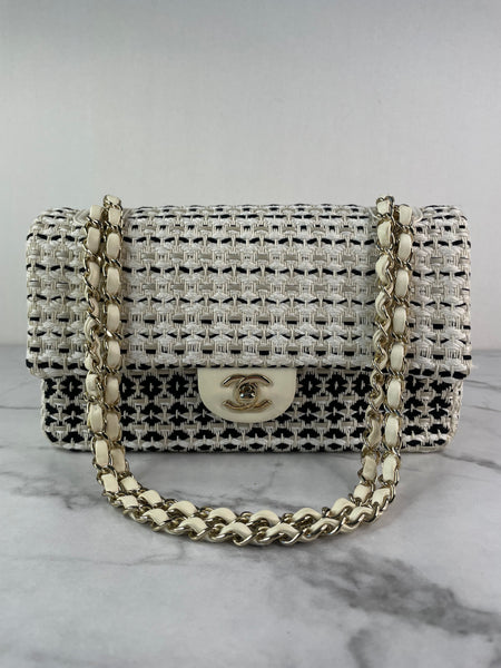 CHANEL Medium Classic Black/White Tweed Woven Single Flap Bag