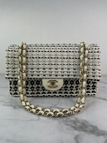 CHANEL Medium Classic Black/White Tweed Woven Single Flap Bag