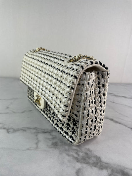 CHANEL Medium Classic Black/White Tweed Woven Single Flap Bag