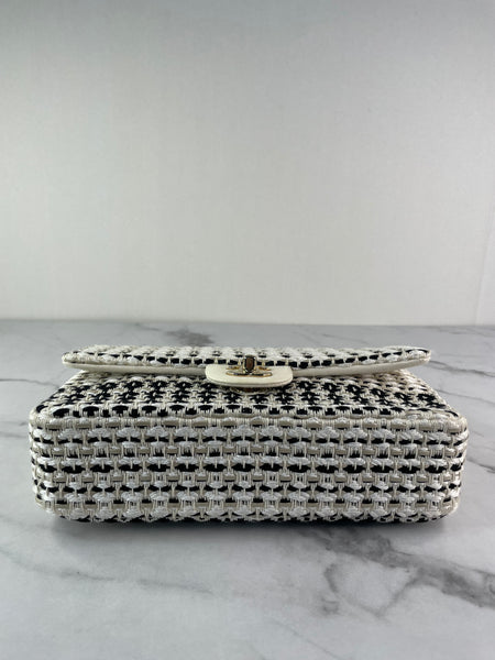 CHANEL Medium Classic Black/White Tweed Woven Single Flap Bag