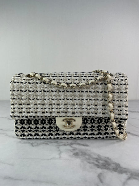 CHANEL Medium Classic Black/White Tweed Woven Single Flap Bag