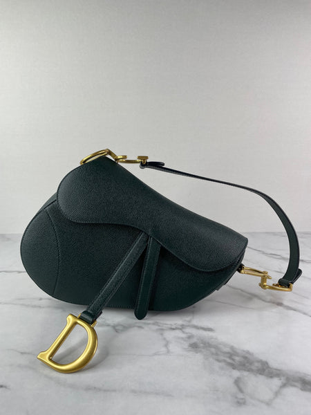 CHRISTIAN DIOR Dark Green (Vert Sapin) Grained Calfskin Saddle Bag with Strap