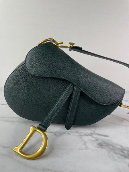 CHRISTIAN DIOR Dark Green (Vert Sapin) Grained Calfskin Saddle Bag with Strap