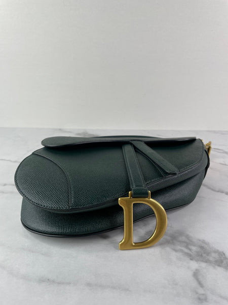 CHRISTIAN DIOR Dark Green (Vert Sapin) Grained Calfskin Saddle Bag with Strap