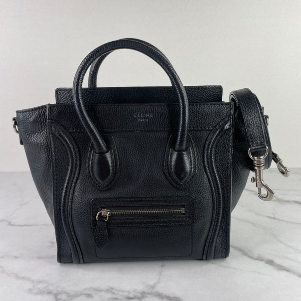 CELINE Black Drummed Calfskin Nano Luggage Crossbody/Shoulder Bag